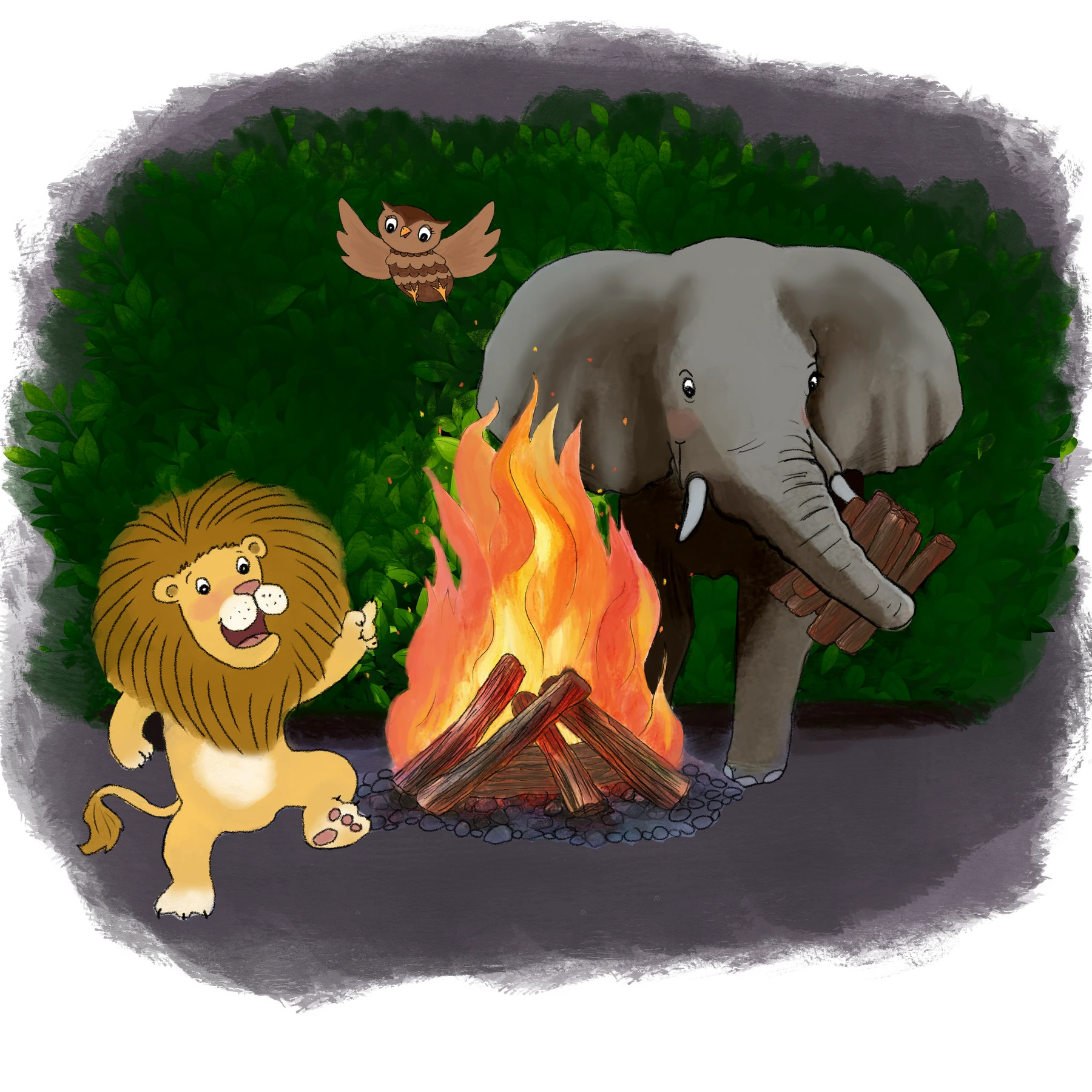 Röwe, Frohlifant und Eule an einem Lagerfeuer.