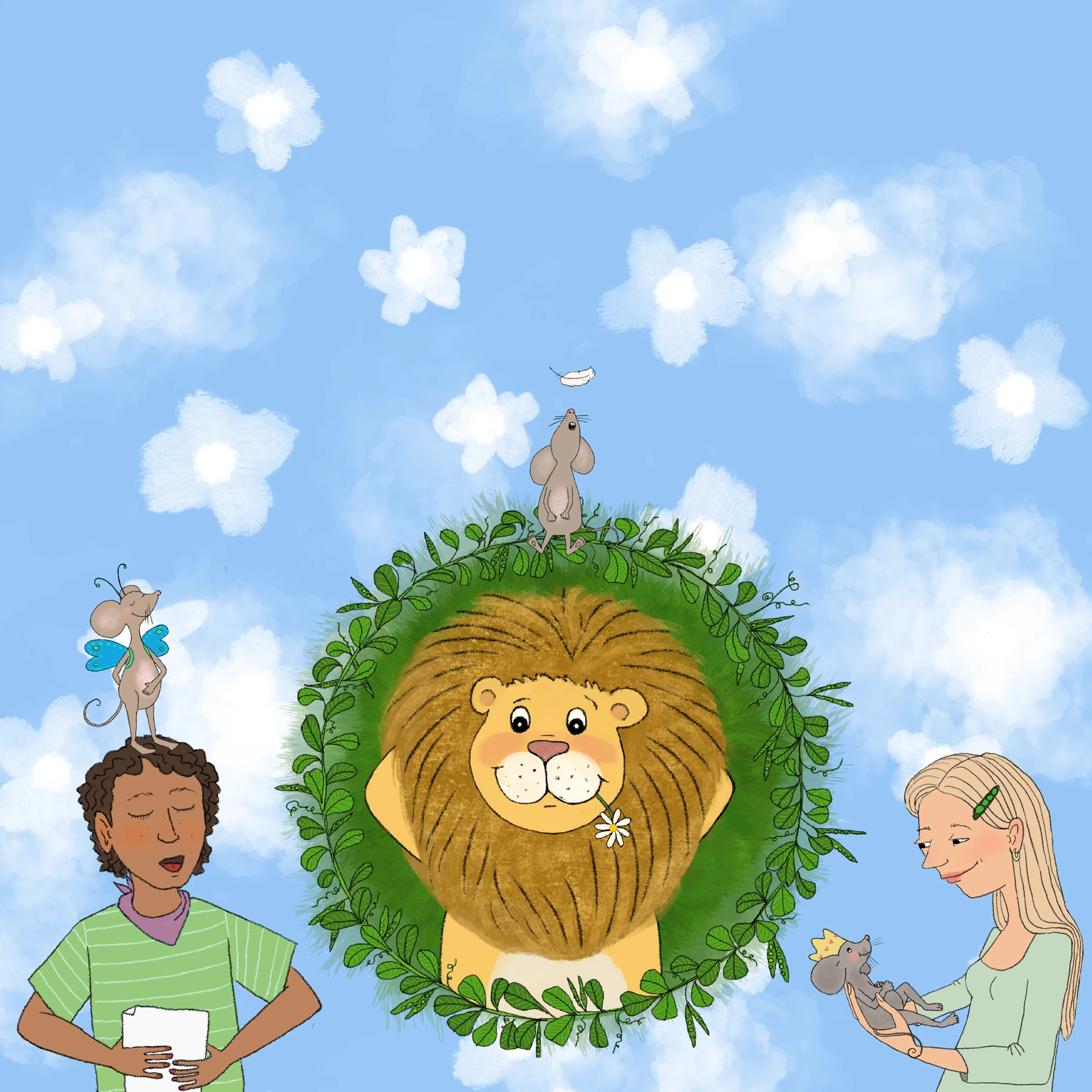 Illustration mit Röwe, Kindern und kleinen Mäusen unter einem Himmel aus Wolken.